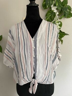 Sim & Sam Crop Top Rayas Tie Knot Boho Rayon Botones V-Neck Verano M